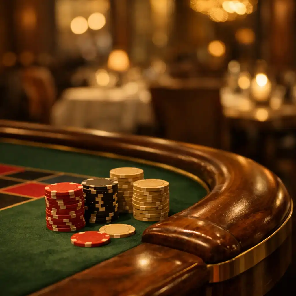 Fizikai roulette-asztal részlete filccel, zsetonokkal és polírozott fa peremmel a helyszínen