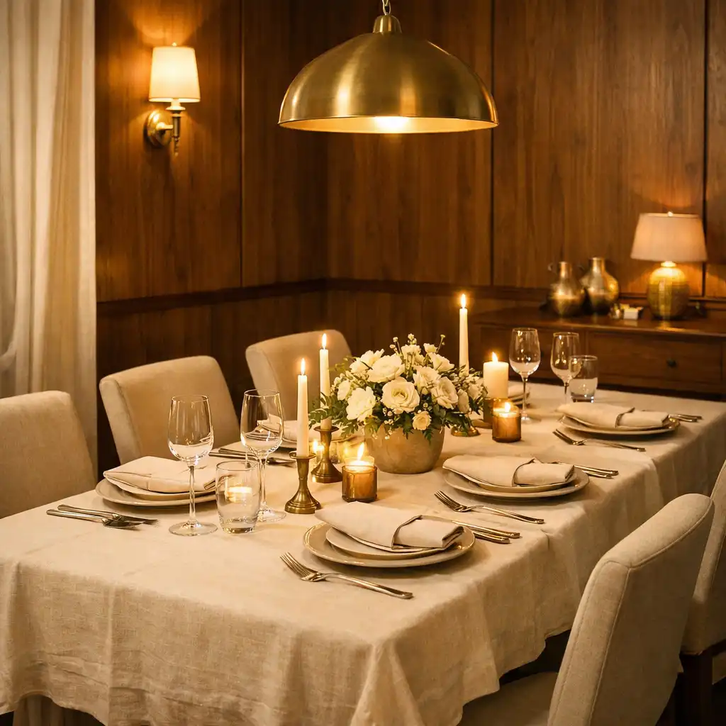 Elegánsan terített, részben szeparált privát éttermi asztal